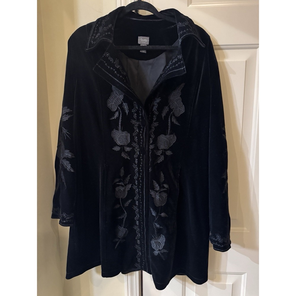 Chico's Sz 2 L Black Velvet ALL EMBROIDERED AMAZING Gypsy Poet‎ Long Coat Jacket